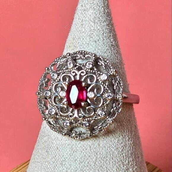Natural Ruby 14K White Gold on 925 Sterling Silver Ring Sz 7.75 - Picture 3 of 6